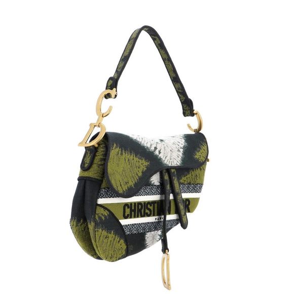 Christian Dior Saddle Bag Tie Dye Embroidered Canvas Medium Green - Picture 2 of 6